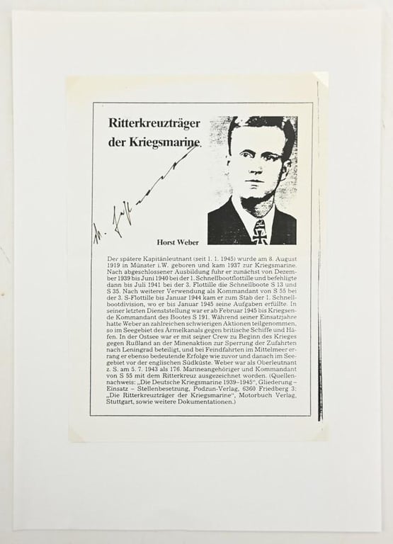 Signature of Kriegsmarine KC Recipient 'Horst Weber'