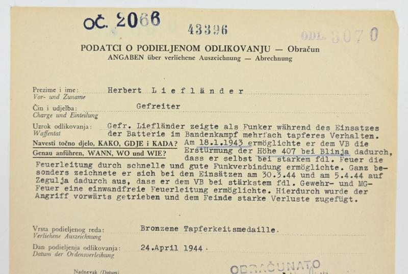 Croatian/German WW2 Bronze Bravery Medal Certificate 'Herbert Lieflander'
