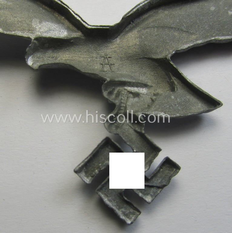 WH (Luftwaffe) 'hollow-styled'- and zinc-based breast-eagle for usage onto the white summer-tunics (ie. 'Brustadler für Sommerrock') being a detailed- and 'A'- (ie. 'Assmann & Söhne'-) marked specimen