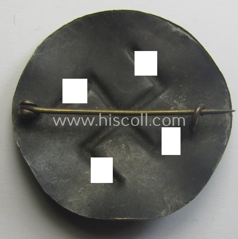 Unsusally found, TR-period supporter-lapel-pin (ie. 'Brosche') depicting various 'swastika'-signs as was executed in genuine ('hammered-styled') copper-based metal