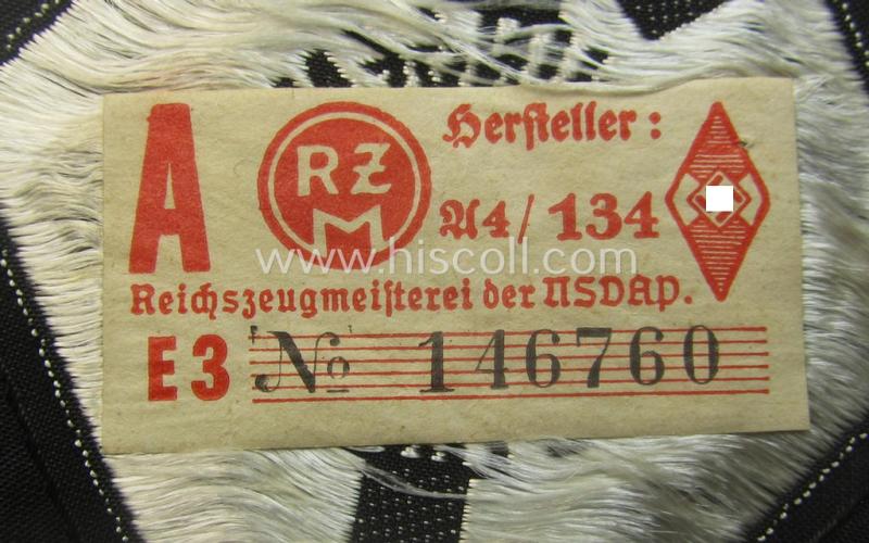 HJ- (ie. 'Hitlerjugend') 'Leistungsabzeichen in Silber in Stoff' that retains its 'RzM'-etiket