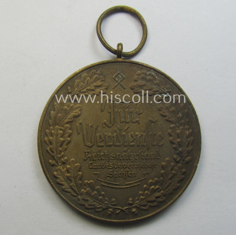 Golden-toned, typical 'Reichsnährstand'- (ie. 'RNSt.'-) related, (portable) commemorative-award entitled: 'Blut und Boden - Für Verdienste - Reichsnährstand - Landesbauernschaft Sachsen'