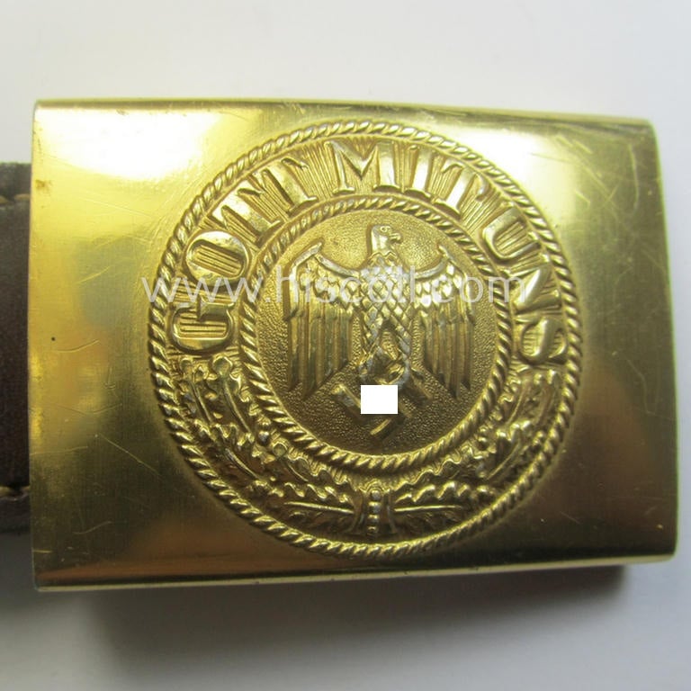 Stunning, WH (Kriegsmarine) bright-golden-toned- and/or aluminium-based belt-buckle (being a maker- ie.: 'R.S.&S.'-marked (and '1938'-dated!) example that comes mounted onto its leather-based tongue