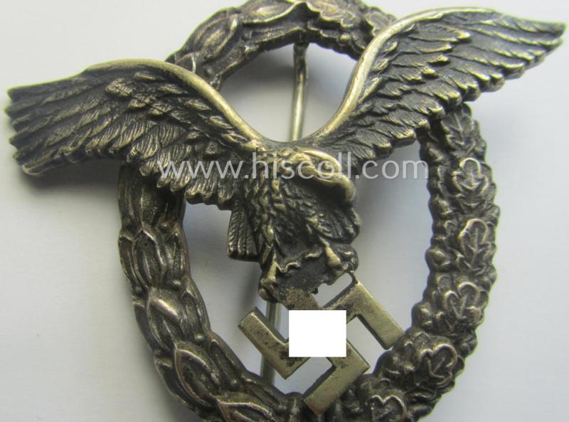 WH (Luftwaffe) 'Flugzeugführer-Abzeichen' (or: pilots'-badge) being a maker- (ie. 'BSW'-) marked- and typical 'Buntmetall'-based example as was produced by the maker (ie. 'Hersteller') named: 'Brüder Schneider' (ie. 'BSW')