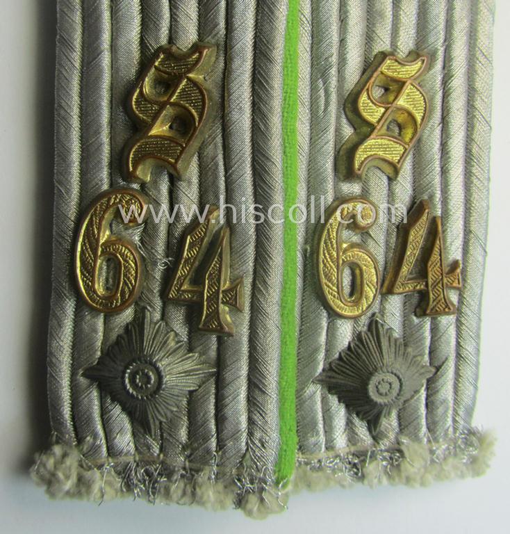 Pair of WH (Heeres) neaty 'cyphered', officers'-type shoulderboards: 'Oberleutnant u. Schützen des Panzer-Grenadier-Rgts. 64' (part of the '16. Panzer-Div.')