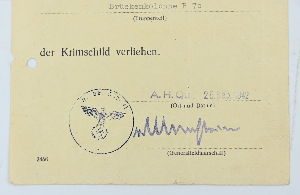 German WH Krim Campaign Shield Certificate