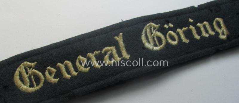 Relic - but nevertheless scarcely found! - example of a WH (LW) cuff-title ie. armband (ie. 'Ärmelstreifen') entitled: 'General Göring' (being an EM- (ie. NCO-) pattern example that comes in a truly worn and/or clearly tunic-removed, condition