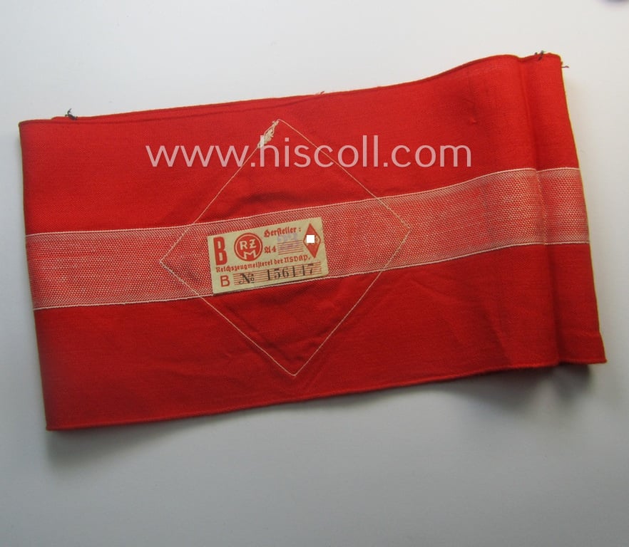 Attractive - and scarcely found! - 'standard-issued'- (ie. entirely woven) pattern, bright-red-coloured HJ- (ie. 'Hitlerjugend'-) related armband (ie. 'Armbinde') being a minimally used example that still shows its period-attached 'RzM'-etiket