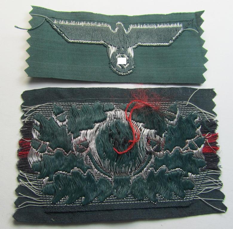 Superb, WH (Heeres) officers'-type cap-eagle and dito cocarde (both executed in so-called: 'flat-wire'- ie. 'BeVo'-weave pattern) as was specifically intended for usage on the: WH 'Knautschmützen' ie. 'Alter-art'-visor-caps (ie. 'Schirmmütz...