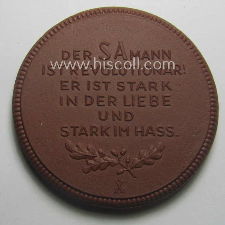 Attractive - and not that often encountered! - brownish-red-toned- and/or: 'Meissen'-porcelain-based, so-called: 'Erinnerungs-Medaille' bearing the SA-logo and text: 'Gruppenaufmarsch - Dresden - 24.25. III 1934'
