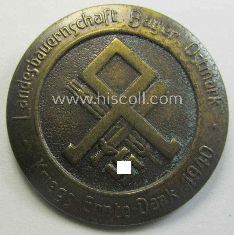Commemorative - and scarely encountered! - 'Reichsnährstand'- (ie. 'RNSt.'-) related 'brooch': 'Landesbauernschaft Bayer. Ostmark - Kriegs-Ernte-Dank 1940' and that came stored in its carton-based etui as issued