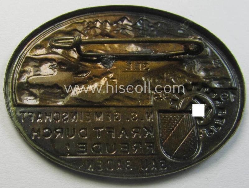 Attractive, commemorative TR-period day-badge (ie. 'tinnie') as issued to commemorate a DAF- (ie. KDF-) related gathering depicting an illustration of the 'Bodensee' and text: 'N.S. Gemeinschaft - Kraft durch Freude - Gau Baden - 1935'