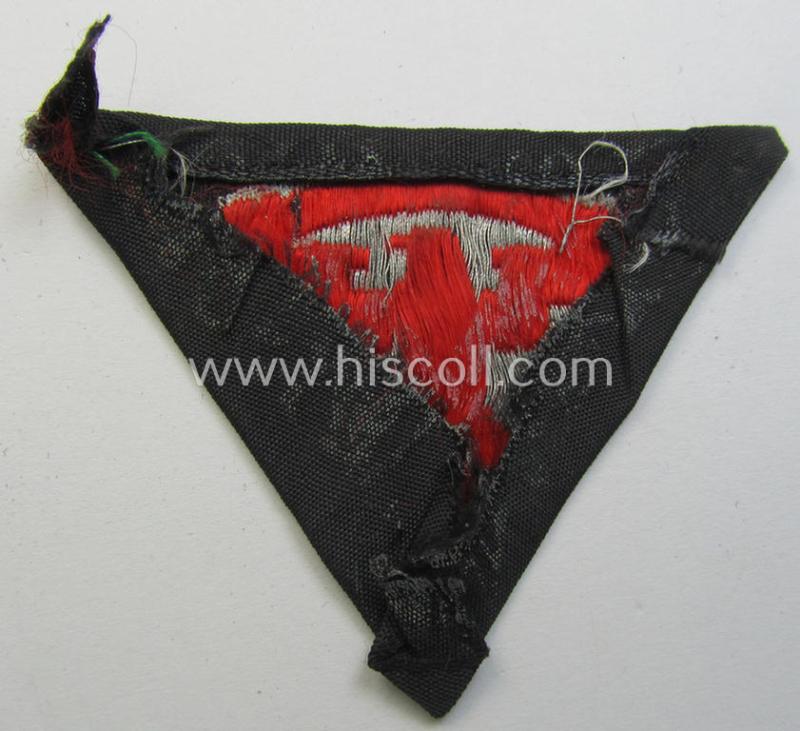 Attractive - and truly used! - so-called: N.S.K.K. (ie. 'National Socialistisches Kraftfahr Korps') side-cap-eagle (ie. 'Adler für Schiffchenmütze') being a 'flat-wire-woven'-example that comes mounted onto a bright-red-coloured background