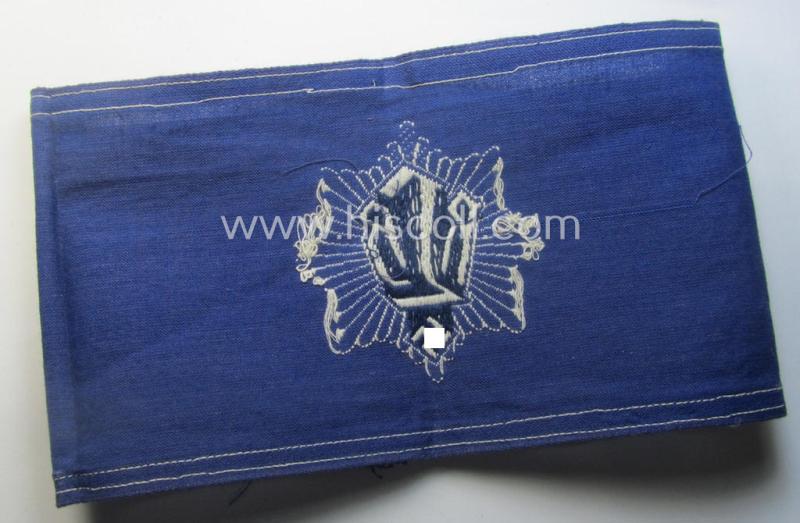 Darker-blue-coloured, RLB (or: 'Reichsluftschutzbund') so-called: 'Amtsträger-Armbinde für Führer' depicting the typical 'RLB'-logo (with lettering) and that comes in a moderately used- ie. worn, condition