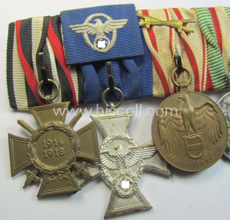 Superb, 5-pieced WWI- (ie. TR-) related medal-bar (ie. 'Ordenspange') resp. depicting an: 'FKK 1914-18 mit Schw.', a: 'Polizei-Dienstauszeichnung 2. Stufe' (or: police loyal-service medal 2nd class) and three Austrian WWI commemorative medals