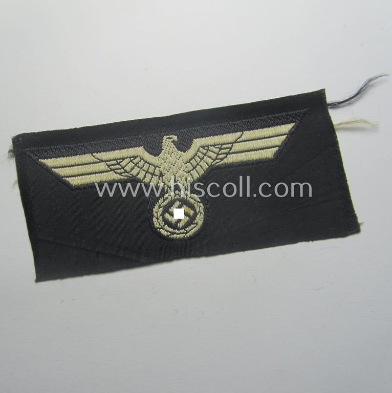 Early- (ie. pre-) war-period, WH (Heeres) 'Panzer' cap-eagle & cocarde-set (ie. 'Schiffchenmützen-Adler u. Kokarde-Satz für Mannschaften u. Uffz.') being a 'virtually mint' set as executed in white-coloured linnen onto a black-coloured background
