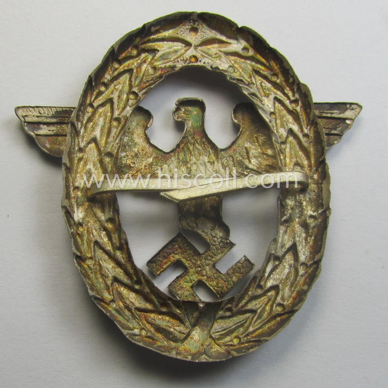 Early-period- and tarnished silvered ie. 'Buntmetall'-based! - 'Polizei'- (ie. police) visor-cap eagle being a silver-coloured- and typical non-maker-marked example as was intended for usage on the various 'Polizei' (ie. police) visor-caps