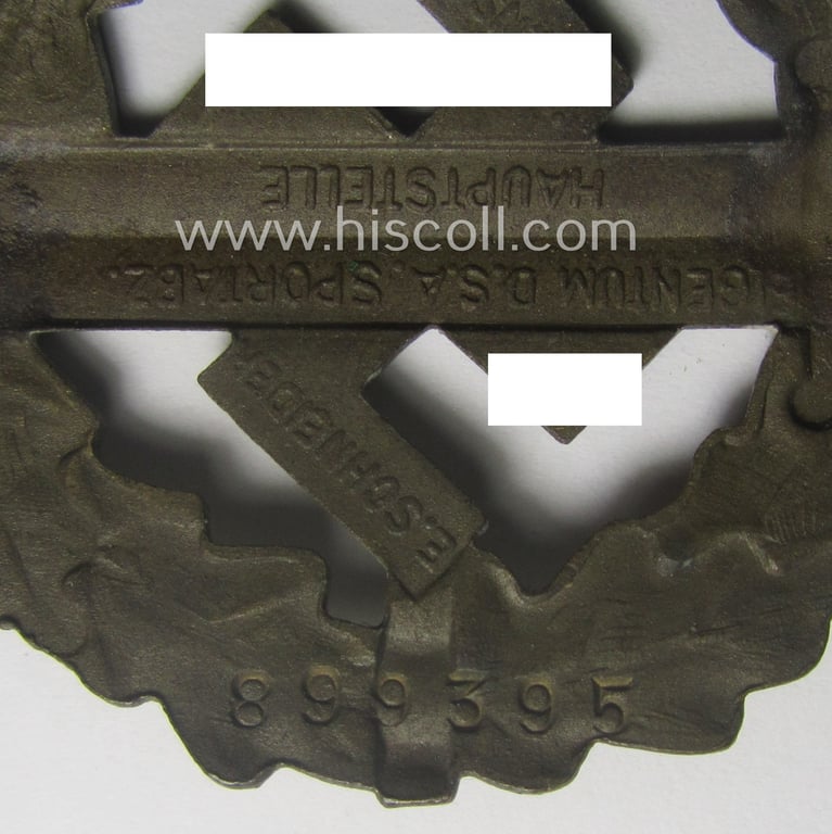 Early- (ie. pre-) war-period 'SA Sportabzeichen in Bronze' being a nicely maker- (ie. 'E. Schneider'-) marked example that bears a unique, stamped bearers'-number that reads: '899395' on its back