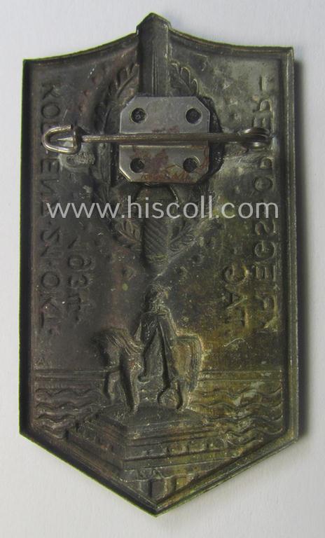 Commemorative, reddish-bronze-toned and/or tin-based: 'N.S.K.O.V.'- (ie. veteran-) related 'tinnie' being a non-maker-marked example showing the text: 'Kriegsopfertag - Koblenz - 21. Okt. 1934'