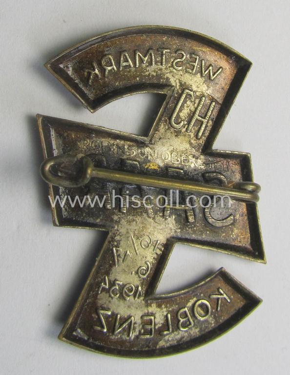 Attractive - and scarcely encountered! - HJ- (ie.'Hitlerjugend'-) related 'tinnie' being a non-maker-marked example showing a (stylised- ie. rounded) 'Wolfshook'-insignia and text that reads: 'HJ Saar - Westmark - Koblenz - 16./17.6.1934'