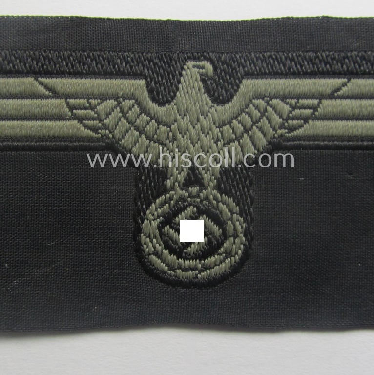 WH (Heeres) later- (ie. mid-war-) period- and/or bluish-grey-coloured 'Panzer'-type side-cap-eagle a executed in the neat 'BeVo'-weave pattern onto a typical black-coloured background