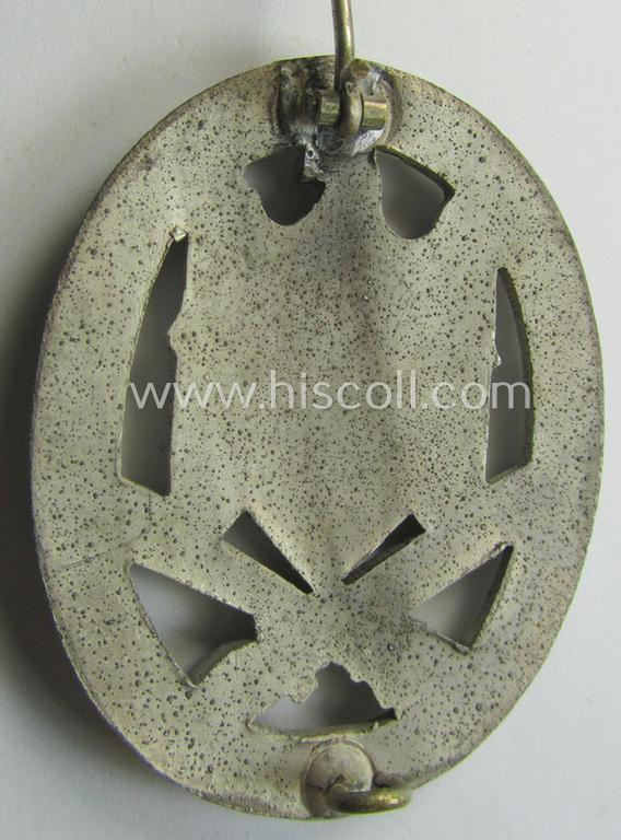 Attractive, 'Allgemeines Sturmabzeichen' (or: General Assault Badge ie. GAB) being a typical unmarked, zinc-based- (ie. 'Feinzink'-) and/or: 'semi-hollow-back'-version as was (I deem) produced by the: 'Rudolf Karneth'-company