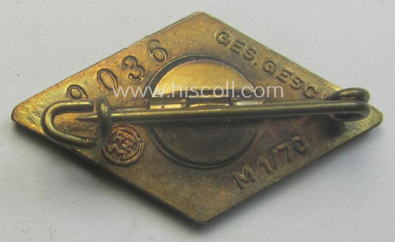 HJ (ie. 'Hitlerjugend') 'Goldenes Ehrenzeichen' being a serial- (ie. '9036'-) numbered example (that is clearly maker-marked on its back with the makers'-designation: 'RzM - M1/70' and/or: 'Ges.Gesch.'-patent-pending-designation)