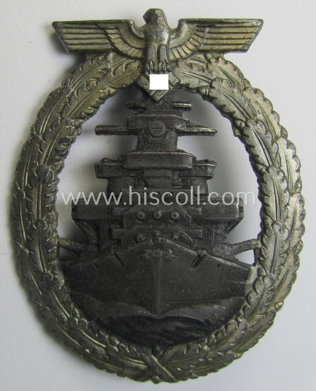 Attractive, WH (KM) 'Flottenkriegsabzeichen' (or: high-sea fleet badge) being a typical zinc- (ie. 'Feinzink'-) based and/or later-war-period version that is neatly maker- (ie. 'Fec. Adolf Bock') marked on its back