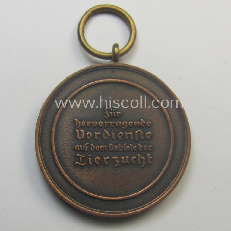 Smaller-sized and reddish-bronze-toned, typical 'Reichsnährstand'- (ie. 'RNSt.'-) related, (portable) honorary-award entitled: 'Reichsnährstand - Der Reichsbauernführer - Für hervorragende Verdienste auf dem Gebiet der Tierzucht'