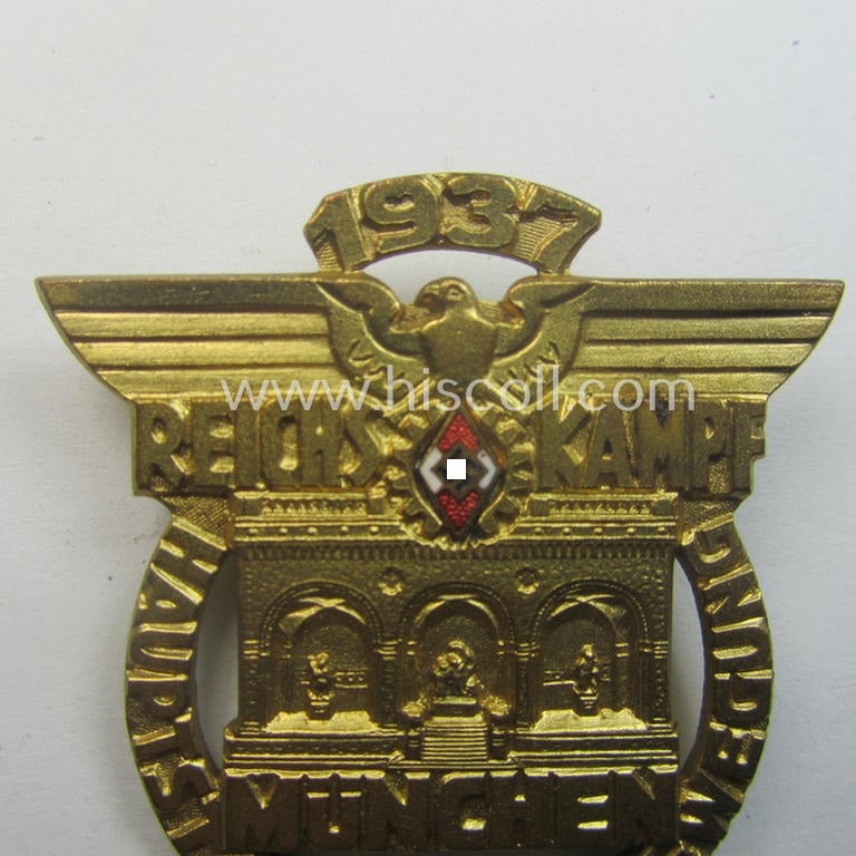 Rarely found, HJ- ie. BDM (ie. 'Hitlerjugend' or: 'Bund Deutscher Mädel') related commemorative day-badge: 'Reichskampf - München - Hauptstadt der Bewegung - 1937'