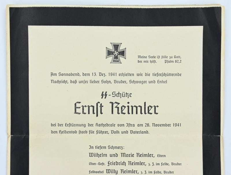 German Waffen-SS Deathcard 'Ernst Reimler'