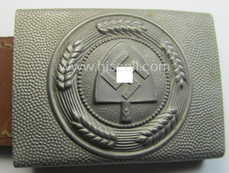 'Reichsarbeitsdienst'- (ie. RAD-) EM- (ie. NCO-) type belt-buckle being a maker- (ie. 'Gottlieb & Sohn'-) marked example which is dated: '1939' and that comes mounted onto its leather-based tab