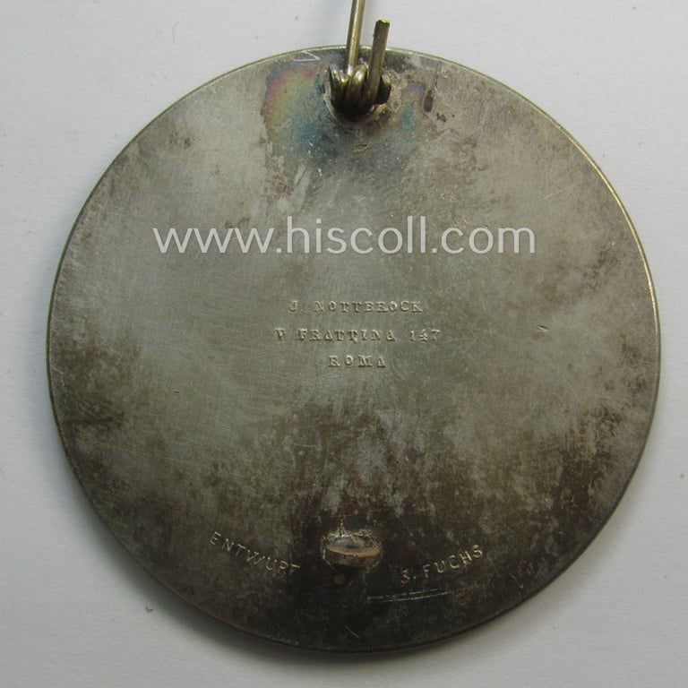 Superb - and with certainty rarely encountered! - bright-silver-toned (and/or typical 'Buntmetall'-based!) N.S.D.A.P.-A.O.-related badge (ie. 'Teilnehmer o. Veranstaltungsabzeichen') entitled: 'Staatsbesuch Adolf Hitlers in Italien 1938'
