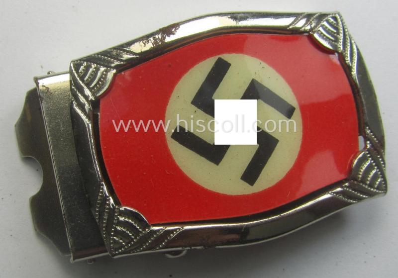 Attractive - and unusually seen! - smaller-sized, 'ornamented' and silver-toned (ie. chromed metal-based) patriotic belt-buckle (ie. 'N.S.D.A.P.'-supportive-piece) being a 'mint- ie. unissued' example that shows some (minimal) rust-staining