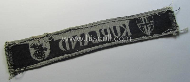 WH (Heeres ie. Kriegsmarine) cuff-title- ie. armband (ie. 'Ärmelstreifen') entitled: 'Kurland' that comes in an overall very nice- (albeit clearly used- ie. tunic-removed-), condition