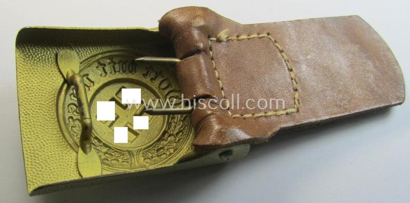 Stunning, bright-golden-coloured- and/or steel-based so-called: 'Wasserschützpolizei' belt-buckle being a maker- (ie. 'C.T. Dicke'-) marked- and: '1943'-dated example that comes mounted onto its 'typically-shaped' leather-based tab
