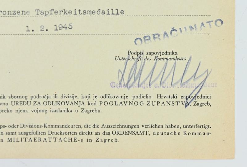 Croatian/German WW2 Bronze Bravery Medal Certificate 'Jakob Bell'