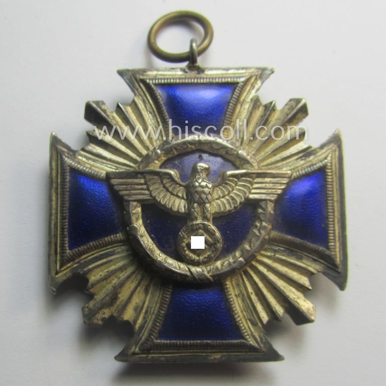 'N.S.D.A.P. Dienstauszeichnung in Silber' (ie. '2. Stufe für 15 Jahre t. D.') being a (typical) non-maker-marked- (and 'regular-weight') example that comes together with its period - albeit shortened - ribbon as issued- and/or worn