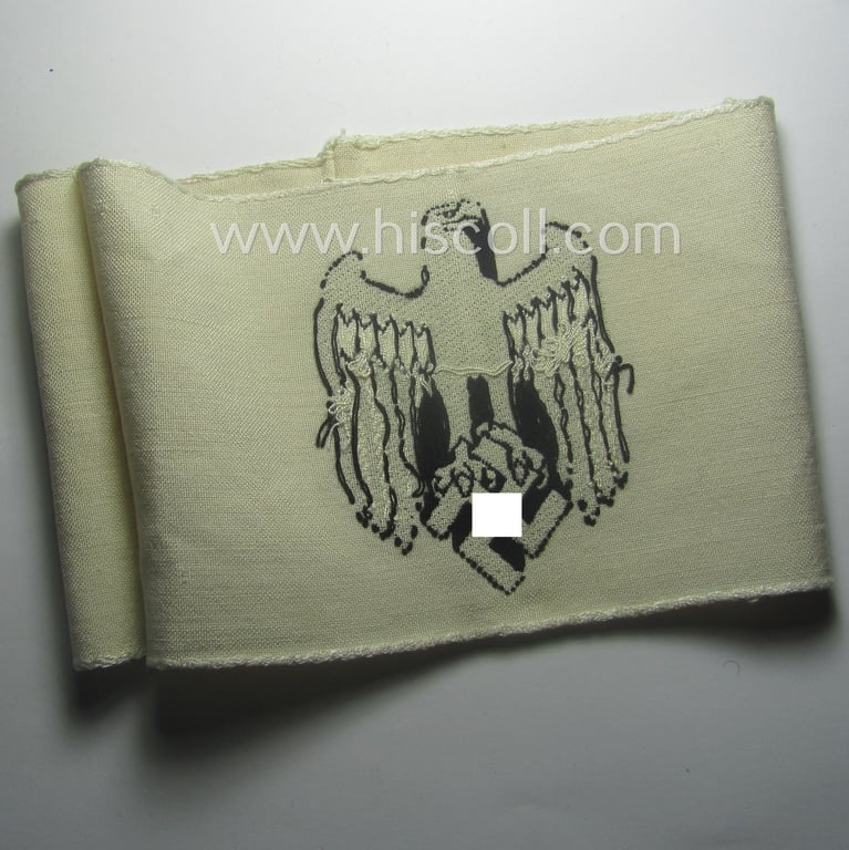 Linnen-based- and/or BeVo-'machine-woven', beige-white-coloured armband (ie. 'Armbinde') showing a woven eagle-device as was specifically intended for (civilian) staff-members (ie. 'Zivilangestellten') of the armed forces ie. 'Deutsche Wehrmacht'