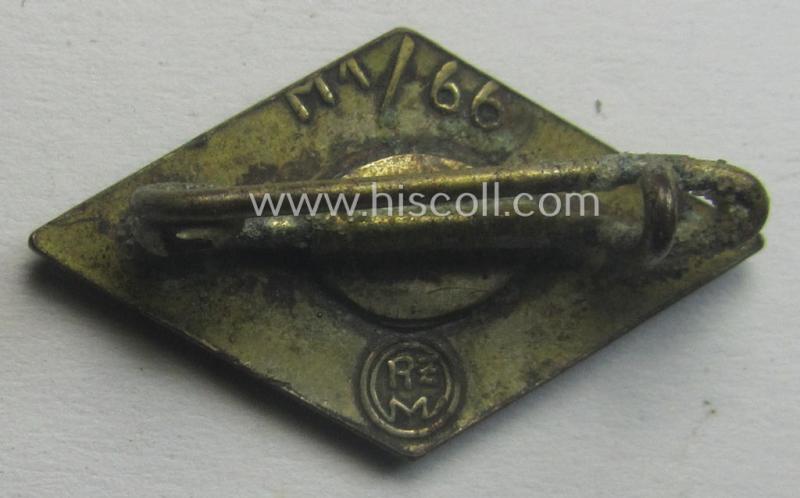 HJ (ie. 'Hitlerjugend') enamelled lapel-pin (ie.: 'Raute') with a: 'RzM - M1/66'-makers'-designation