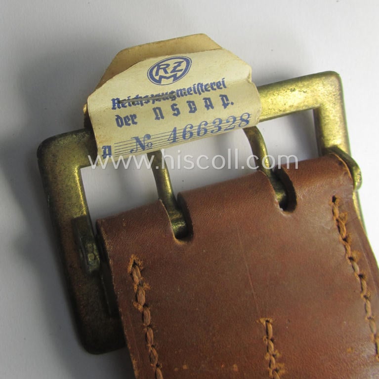 'Virtually mint- ie. unissued', N.S.D.A.P.- (ie. 'politichen Leiter'-) related brown-coloured- and/or genuine leather-based officers'-type-belt (ie. 'Leibriemen- o. Zweidornschnalle für politichen Leiter') that retains its period 'RzM'-etiket