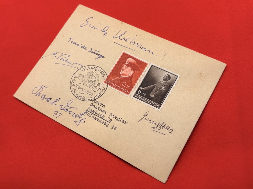 WWII GERMAN KARL DONITZ, ERICH HARTMANN, TRAUDL JUNGE SIGNED 1941 GERMAN COVER, WITH HITLER STAMPS AND DATED 20/4/1941.