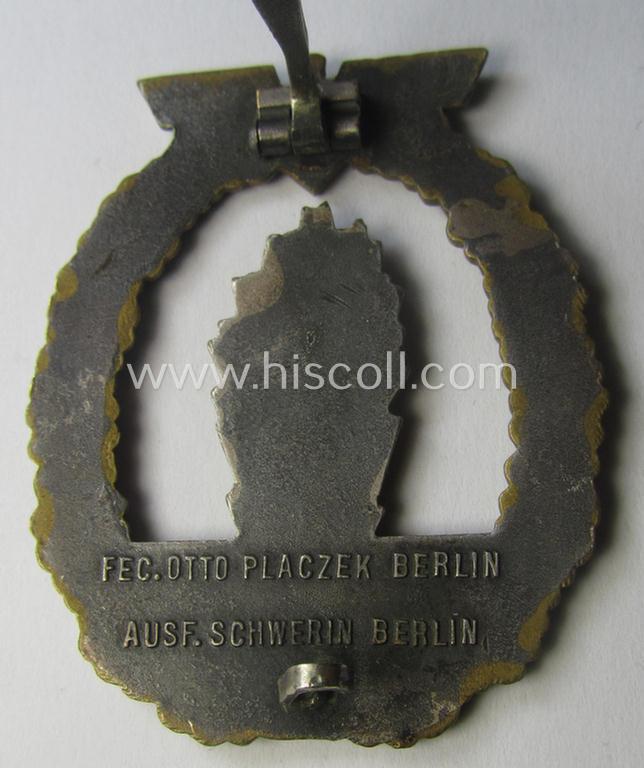 WH (Kriegsmarine) 'Kriegsabzeichen für Minensuch-, U-Boot-Jagd und Sicherungs-Verbände' (being a very detailed and clearly maker-marked example as executed in multi-coloured 'Buntmetall' as produced by the: 'Schwerin - Berlin'-company)