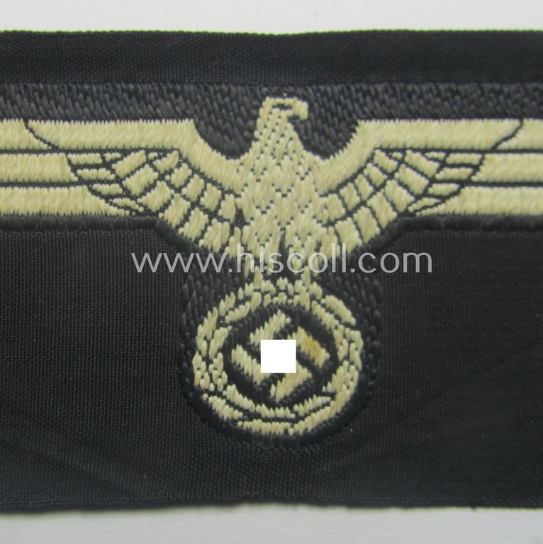Early- (ie. pre-) war-period, WH (Heeres) 'Panzer' cap-eagle & cocarde-set (ie. 'Schiffchenmützen-Adler u. Kokarde-Satz für Mannschaften u. Uffz.') being a 'virtually mint' set as executed in white-coloured linnen onto a black-coloured background