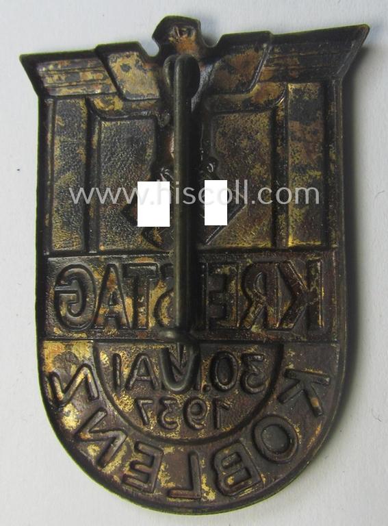 Commemorative, so-called: N.S.D.A.P.-related 'tinnie' (ie. 'Tagungs- o. Veranstaltungsabzeichen'-) being a non-maker-marked example showing the text: 'Kreistag - Koblenz - 30. Mai 1937'