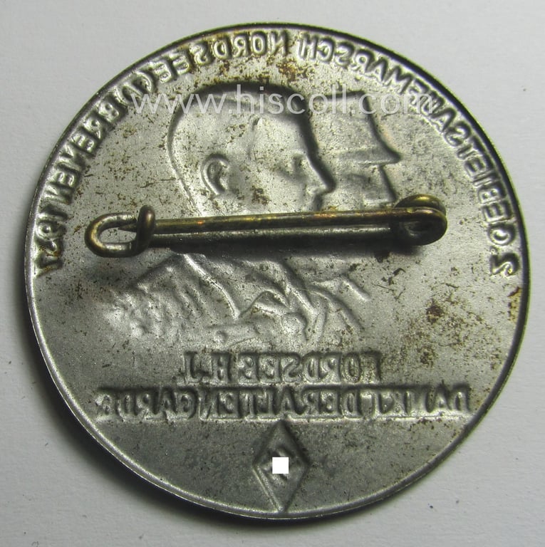 Commemorative, 'HJ'-related 'tinnie' being a maker- (ie. 'W. Jäger'-) marked example depicting the text: '2. Gebietsaufmarsch - Nordsee (7) Bremen - 1937 - Nordsee H.J. Dankt der alten Garde'