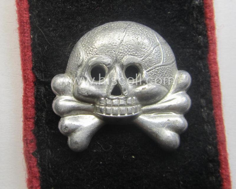 Early- (ie. mid-) war-period - albeit regrettably single! - WH (Heeres) black-coloured, woolen-based- and/or bright-pink-piped: 'Panzer'-collar-tab having an aluminium based 'Totenkopf' (ie. skull) attached