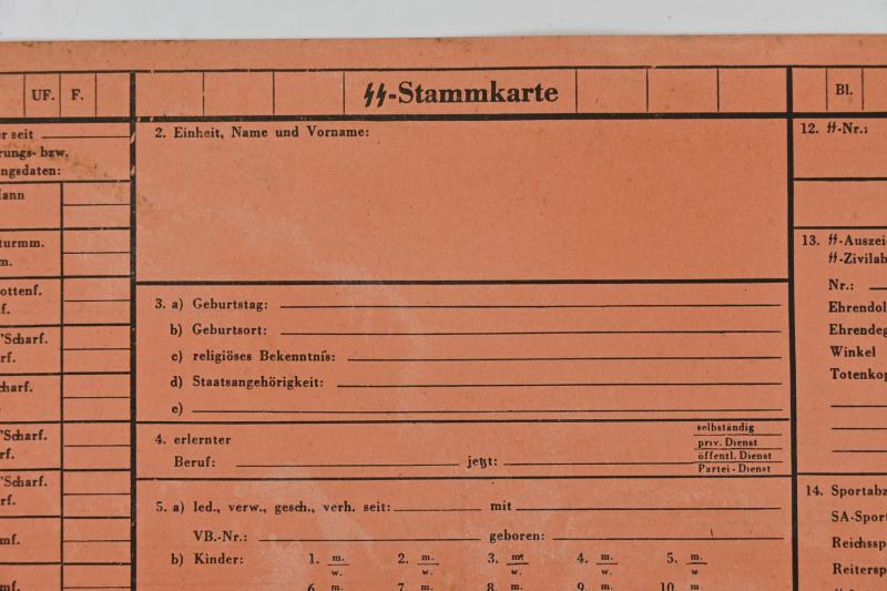 German Waffen-SS 'Stammkarte' Personal Record File