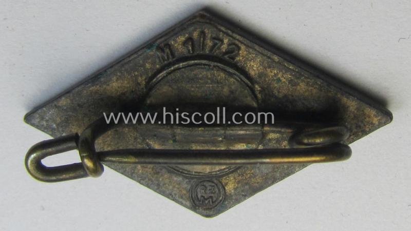 HJ (ie. 'Hitlerjugend') enamelled lapel-pin (ie.: 'Raute') with a: 'RzM - M1/72'-makers'-designation