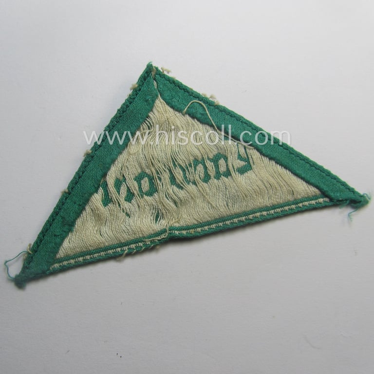 HJ (ie. 'Hitlerjugend') honorary-district-triangle (ie. 'Gebietsdreieck') entitled: 'Landjahr' being an example that still retains its 'RzM'-etiket and that comes in an overall very nice- (albeit just moderately used ie. worn-), condition